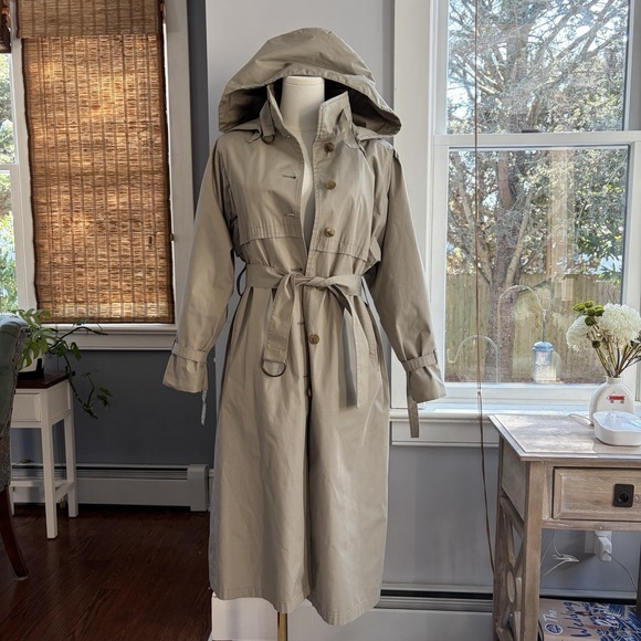 London Fog Jackets & Blazers - Vintage Womens Beige Trench Coat Sz 10 M/L Belted Removable Lining Hood Overcoat
